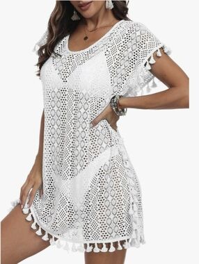 S/M White Crochet Tassel Swim Cover-Up